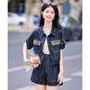 Women's Retro Denim Short Sleeve Cardigan & Shorts Set