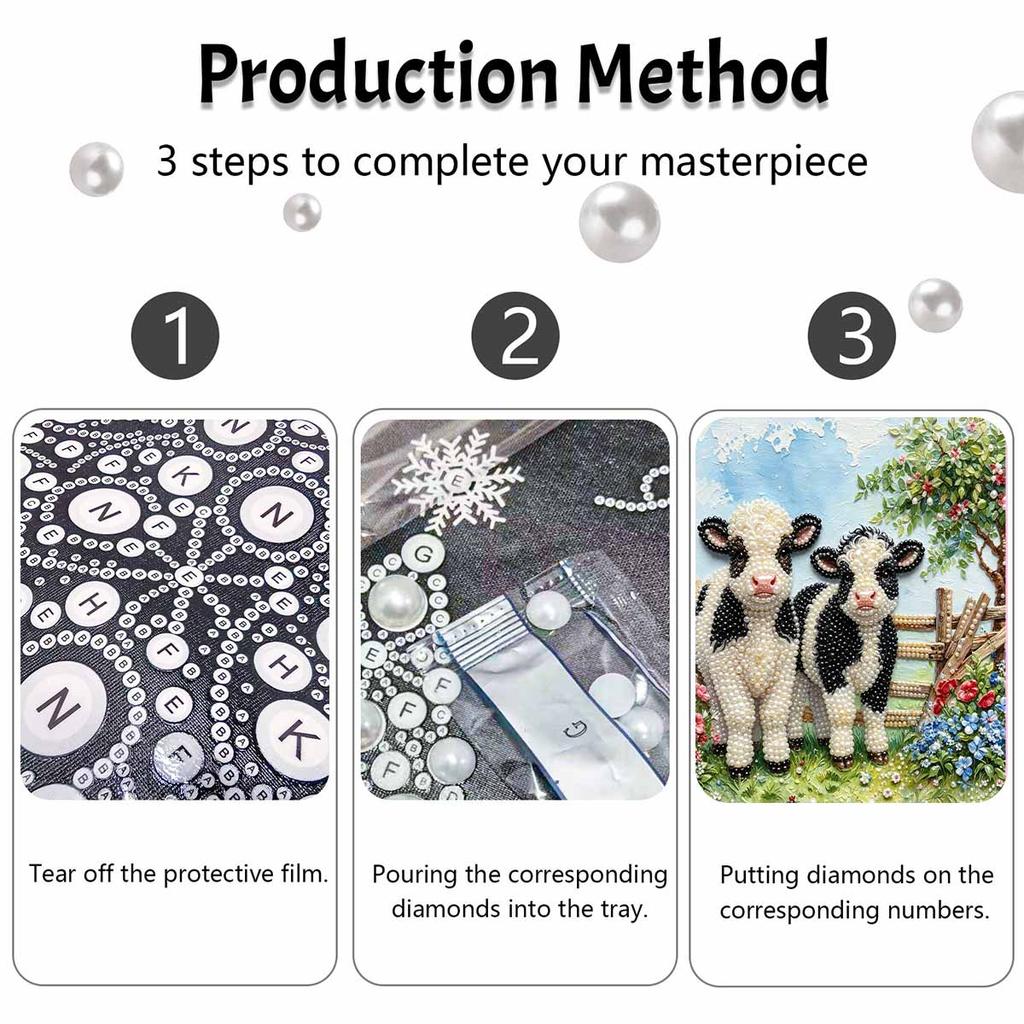 Handmade Framed Pearl Painting Set with Cute Farm Baby Cow Design 5D Shiny Bead Art Canvas Creative Craft for Home Wall Room Decor
