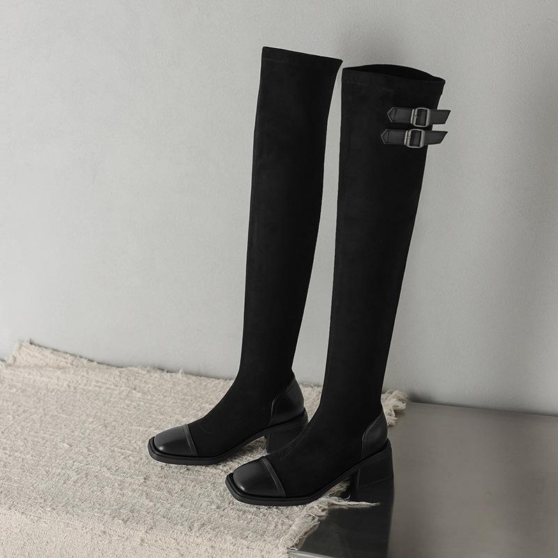 Gürtelschnalle Elastische Skinny Stiefel Overknee Stiefel Ohne Hosen Stiefel Pole Dance Stiefel mit Dickem Absatz 33-43 Große Größen Stiefel