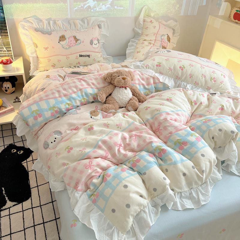 Koreanischer Stil Cartoon Herz Reine Baumwolle Spitze Bettwäsche-Set - Mädchenhaftes Wohnheim 4-teilig, 1,8 m