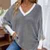 Womens Striped V-Neck Batwing Sleeve Loose Knit Sweater Winter Casual Pullover Top