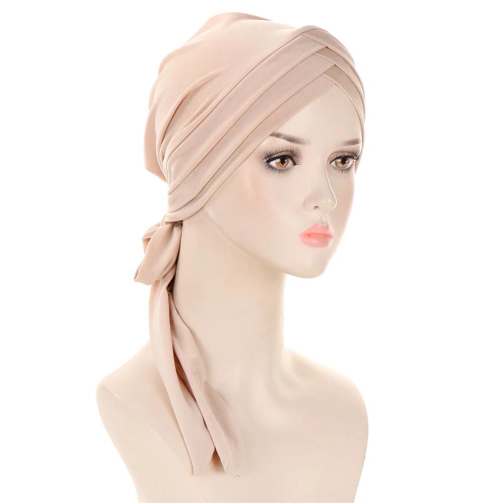 New Muslim Inner Hijab Turban Women Pre-Tied Cap Long Tail Headscarf Wrap Beanies Bonnet Head Scarf Stretch Headwear Ninja Hat