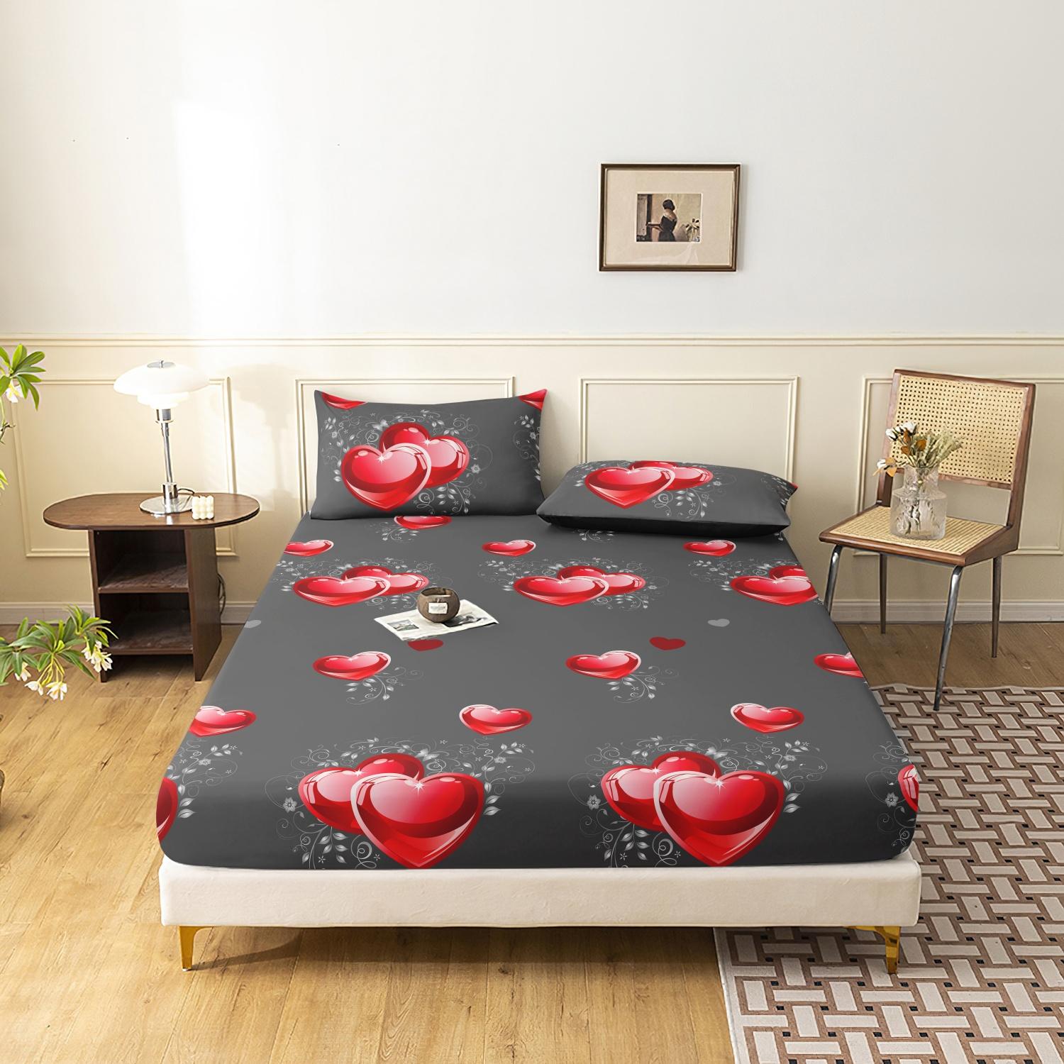 

3pcs Fitted Sheet Set,Romantic Valentine S Day Peach Heart Print Bedding, Love Printed Fashion Classic Soft And Comfortable Twin (39x75inch)&set сірий