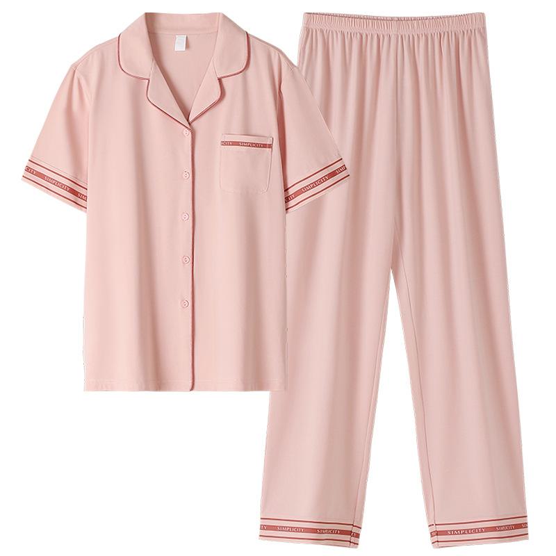 Pajamas Women's Summer Pure Cotton Short-sleeved Trousers Thin Summer Women's Korean Cardigan Cotton Simple Loungewear Set