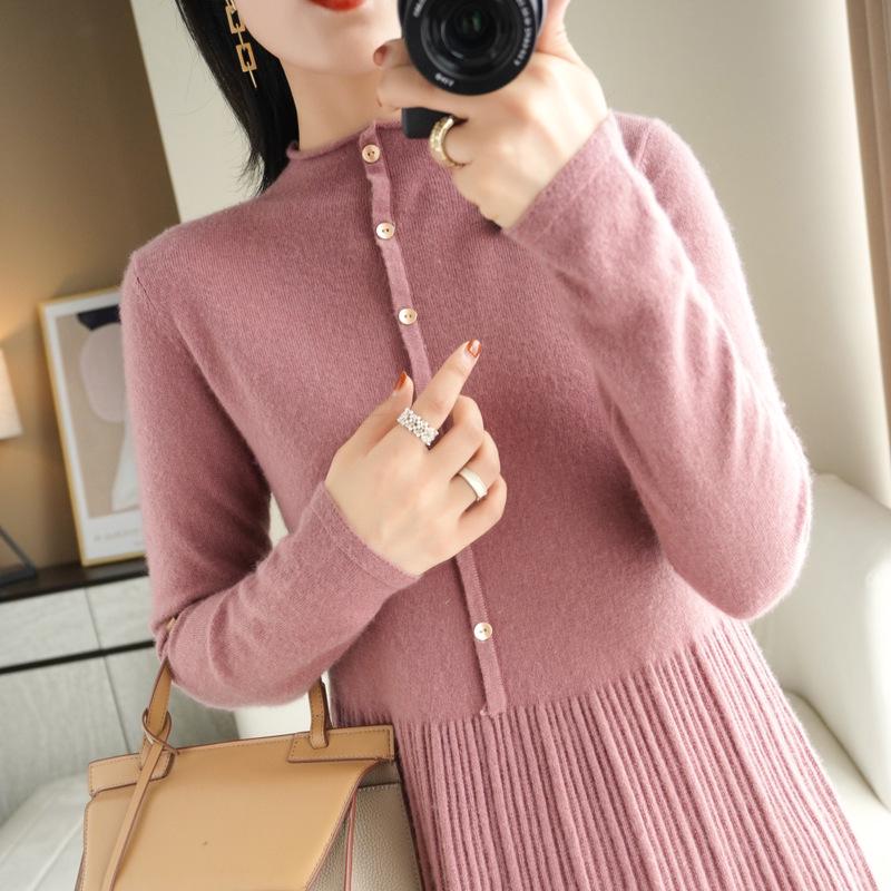 Robe Pull en Laine Coréenne pour Femme Automne/Hiver 2022, Couleur Unie, Col Semi-Montant, Longueur au-Dessus du Genou