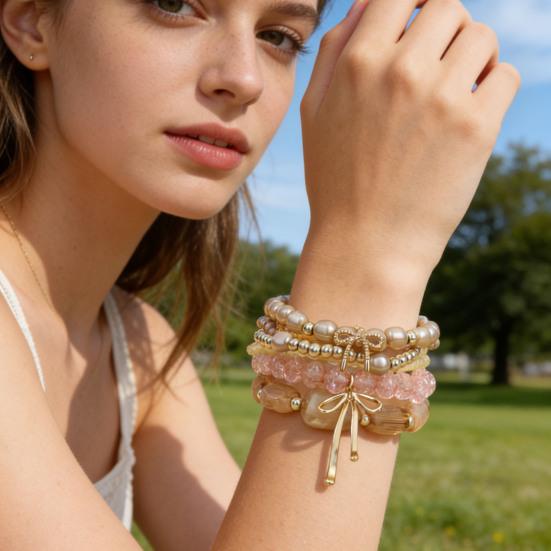 1 Set Bohemian Beaded Bracelets for Women Bow Knot Charm Holiday Bracelets Stackable Stretch Bracelets for Beach Summer Vacation Party
