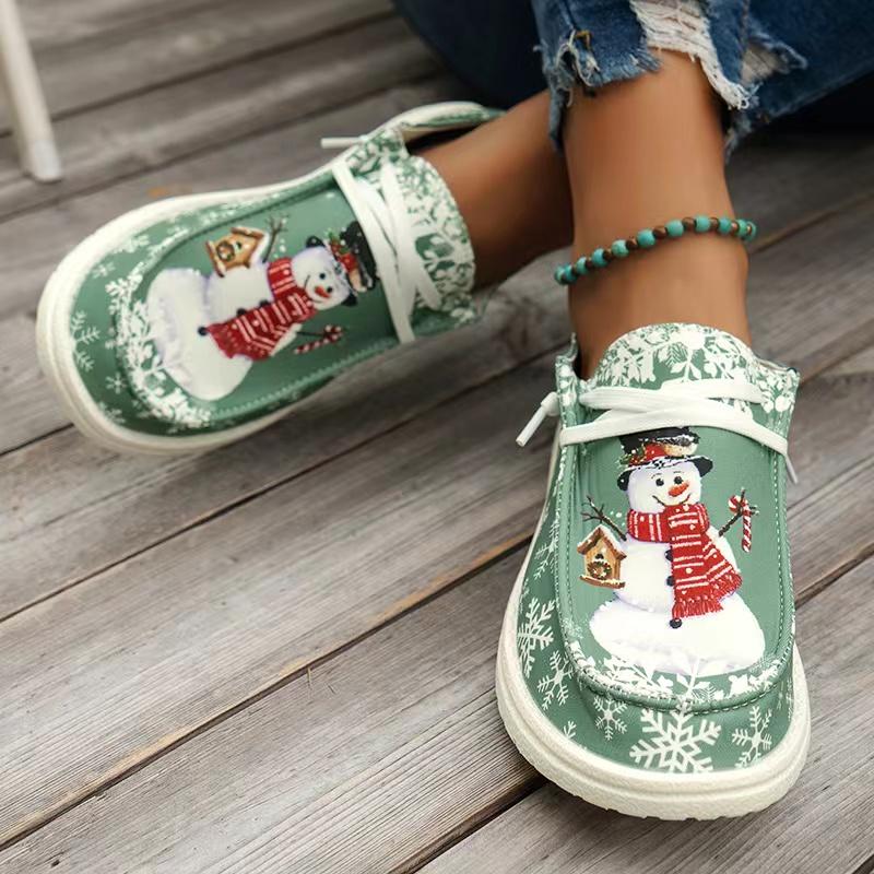 Christmas Snowman Reindeer Pattern Printed Loafers New Fashionable Lace Up Vulcanized Shoes Canvas Women's Flat Shoes Zapatos