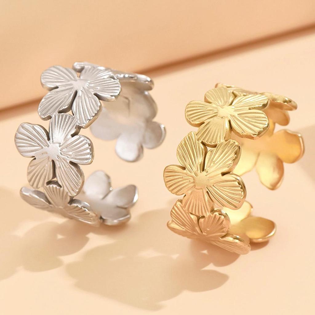 Adjustable Floral Gold-Plated Stainless Steel Ring - Fade Resistant, European & American Resort Style for Women
