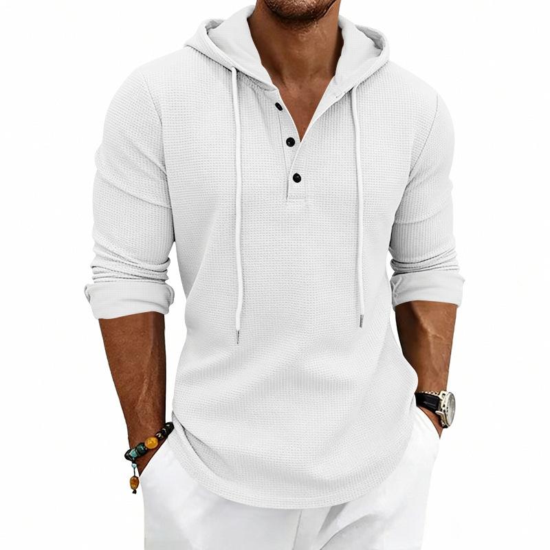 Erkek S Waffle Örgü Kapüşonlu Uzun Kollu Henley Gömlek Günlük Sweatshirt