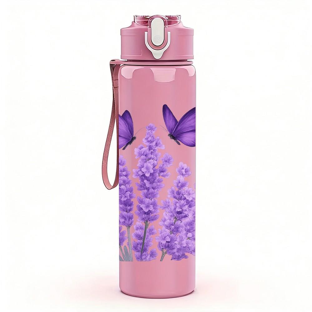 1PC Twin Purple Butterfly Layout 750ml Color Plastic Sports Water Bottle Leakproof Flip Straw Lid For Sports Office Home Use