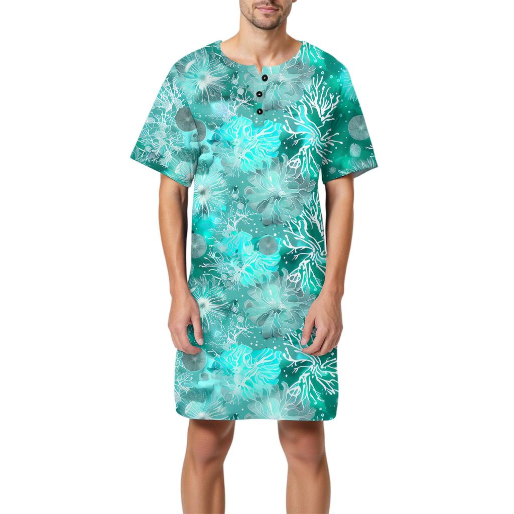 Pyjama d'été pour homme en coton imprimé à manches courtes, col boutonné, long et ample, vêtements d'intérieur