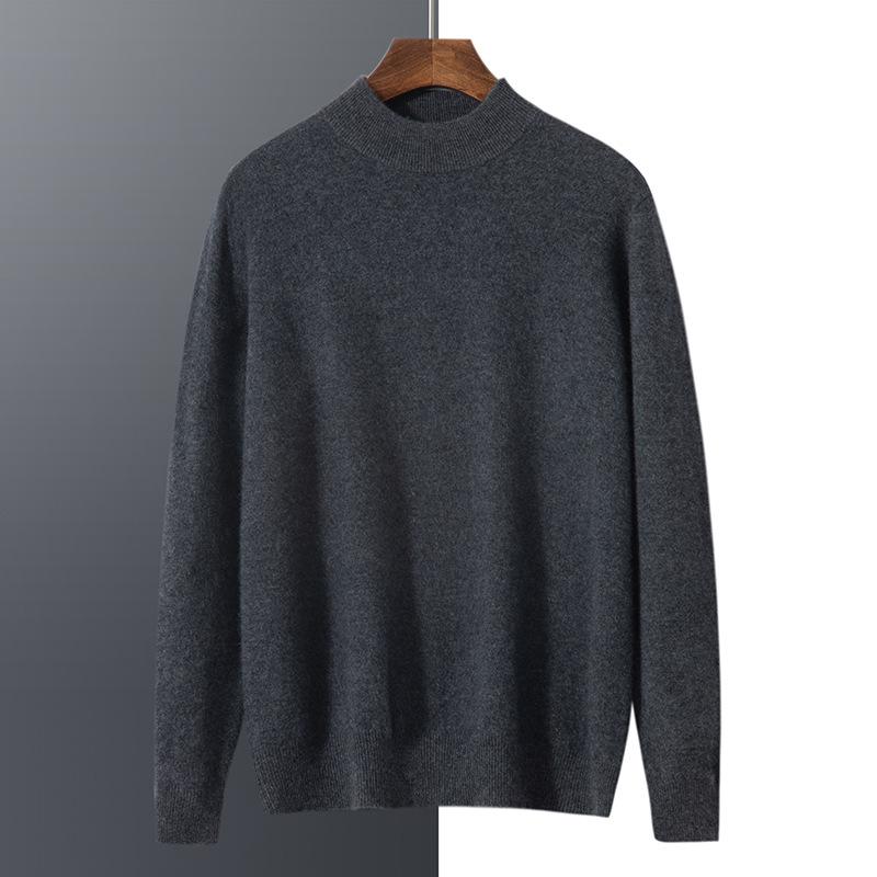 Men's Autumn Winter Wool Cashmere Pullover Sweater, Half High Neck, Solid Color, Plus Size