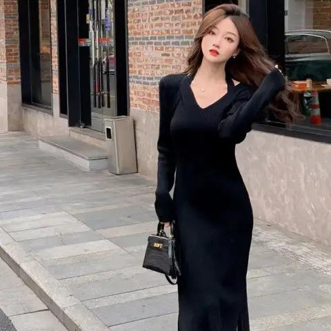 Feel matching coat needle dress women's autumn and winter inner fit slim and thin v-neck bottom niche long dress