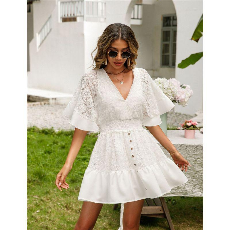 

Lace Fashion Sexy Batwing Sleeve Dress Lace White XL