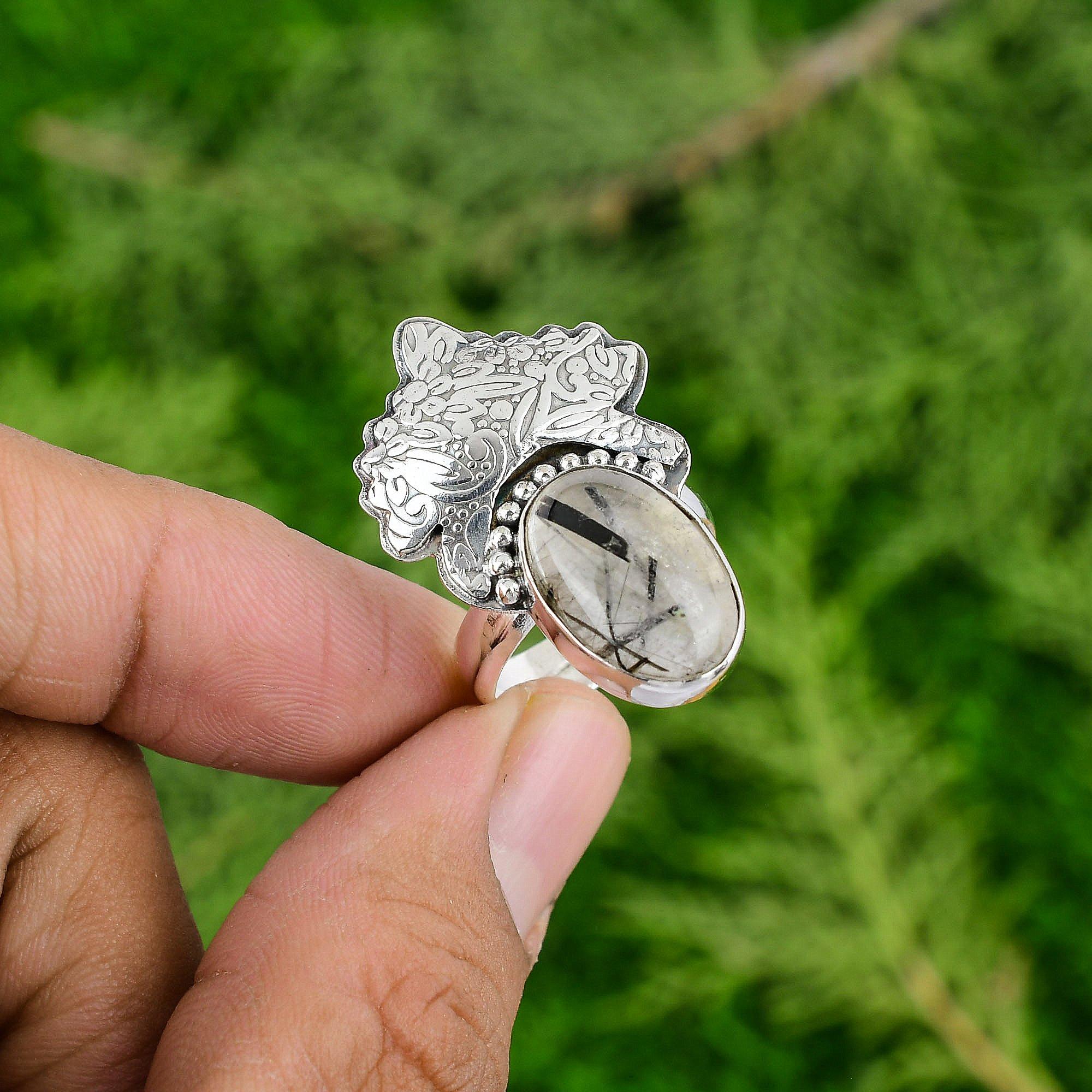 

Стерлинговое серебро Овальное Натуральный Черный Рутилированный Кварц Ручной работы Штабелируемое Кольцо Adjustable