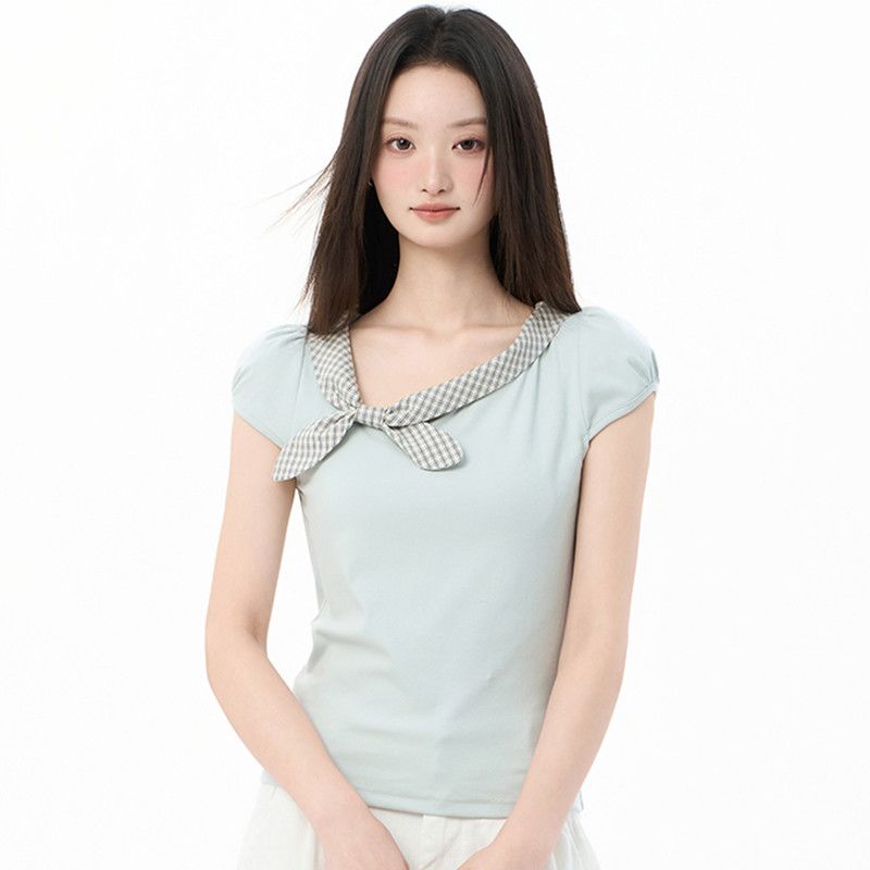 New Hot Girl Short-sleeved T-shirt for Women Slim Fit and Versatile Casual Bow Tie Pullover Elegant Top for Women