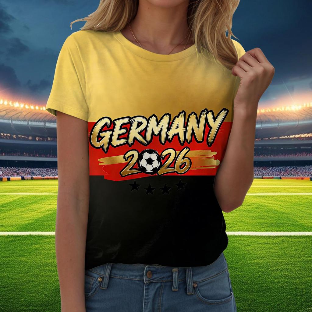 Damen Freizeit Pullover T-Shirt Kurzarm Rundhals Buchstabendruck Oberteil zur Fußballunterstützung Deutschland 2026 Fanartikel