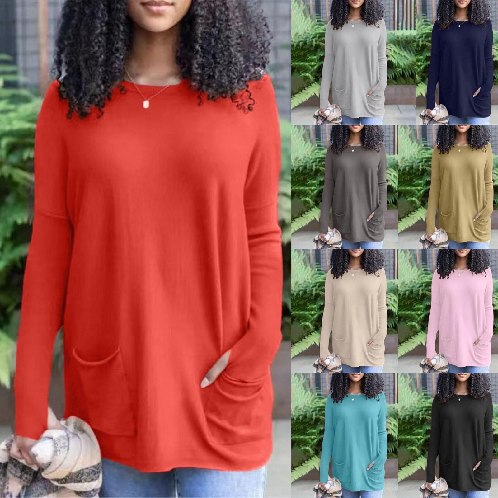 

Women s Fashion Casual Long Sleeve Solid Colour Round Neck T-Shirt Top With Pocket