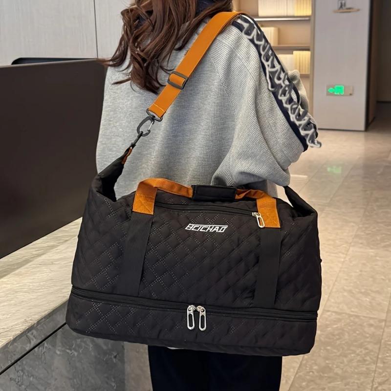 Nylon Travel Duffle Bag with Shoe Compartment Large Capacity Argyle Pattern Casual Weekender Overnight Gym Storage Bag