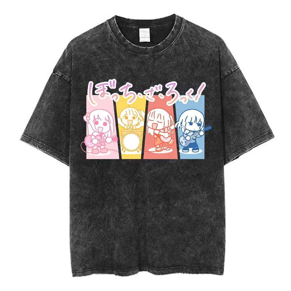Vintage Gewaschenes Locker geschnittenes Hip Hop Streetwear T-Shirt für Herren & Damen, Anime Bocchi The Rock Hitori Gotoh Grafikdruck