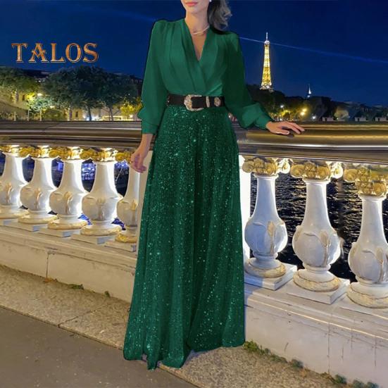 Women's Sequins Jumpsuits Long Sleeve V-Neck Shirt Sparkly Belted Wide Leg Romper Evening Party Overall Pants