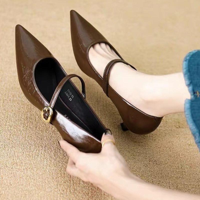 Chaussures à Bride Unique pour Femmes, Style Français, Bout Pointu, Nouvelle Collection Printemps/Automne, Décolleté Bas, Talons Bas Élégants