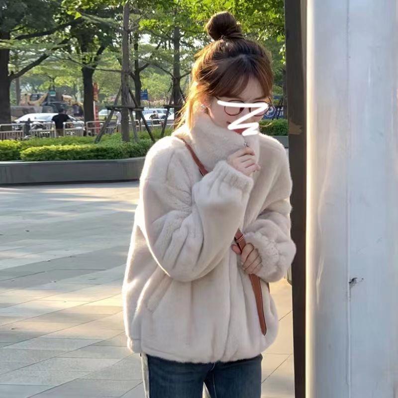 

Женская короткая куртка из хлопка с шерстью ягненка - Уютная, свободного кроя с искусственным мехом норки для осени/зимы XL, thickened cotton [126-140 jin] абрикосовый