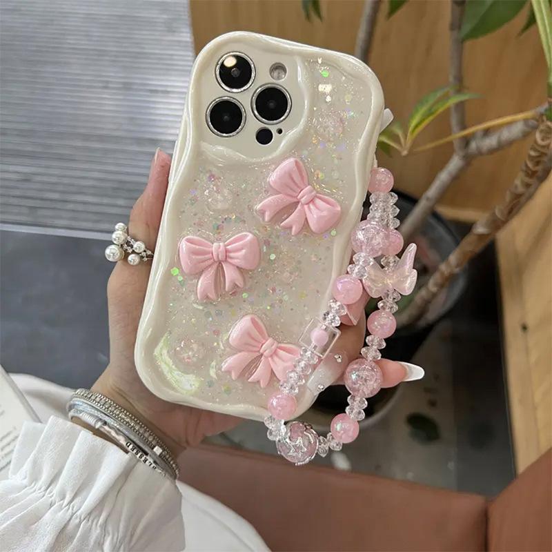 Bow Glitter Adhesive Phone Case for IPhone 16 Pro Glitter for Apple 17 All Inclusive Anti Fall Cream Style