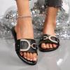 Women'S Glittery Rhinestone-Embellished Black Slide Sandals -Comfortable Flat Sole, Open-Toe Summer Slippers for Casual & Outdoor Wear, Ladies Sandals