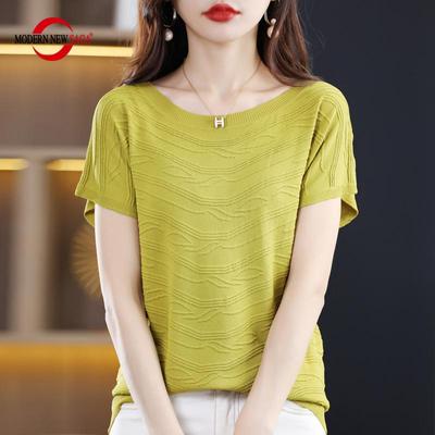 T-shirt da donna Camicia estiva lavorata a maglia Manica corta O-Collo Pullover Top in maglia