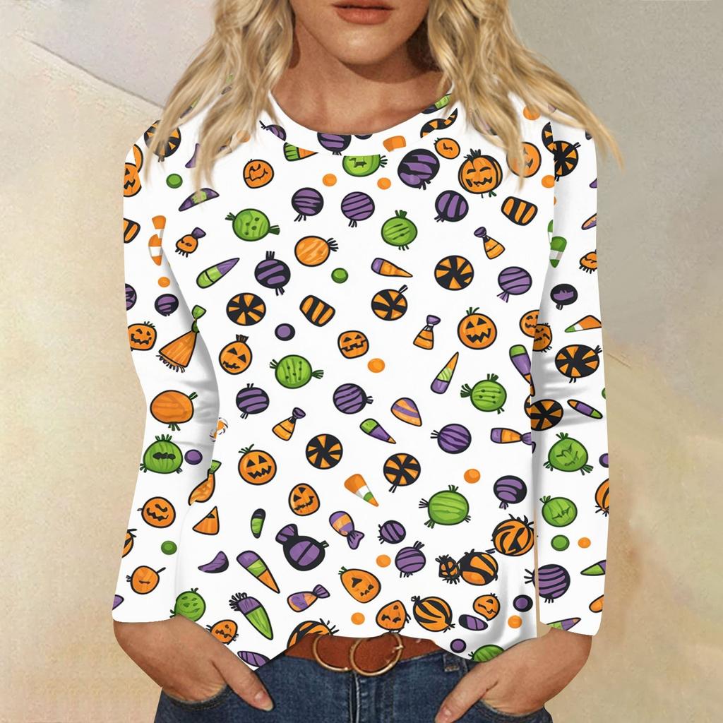 Women's Fashion Casual Long Sleeve Halloween Print Round Neck Top