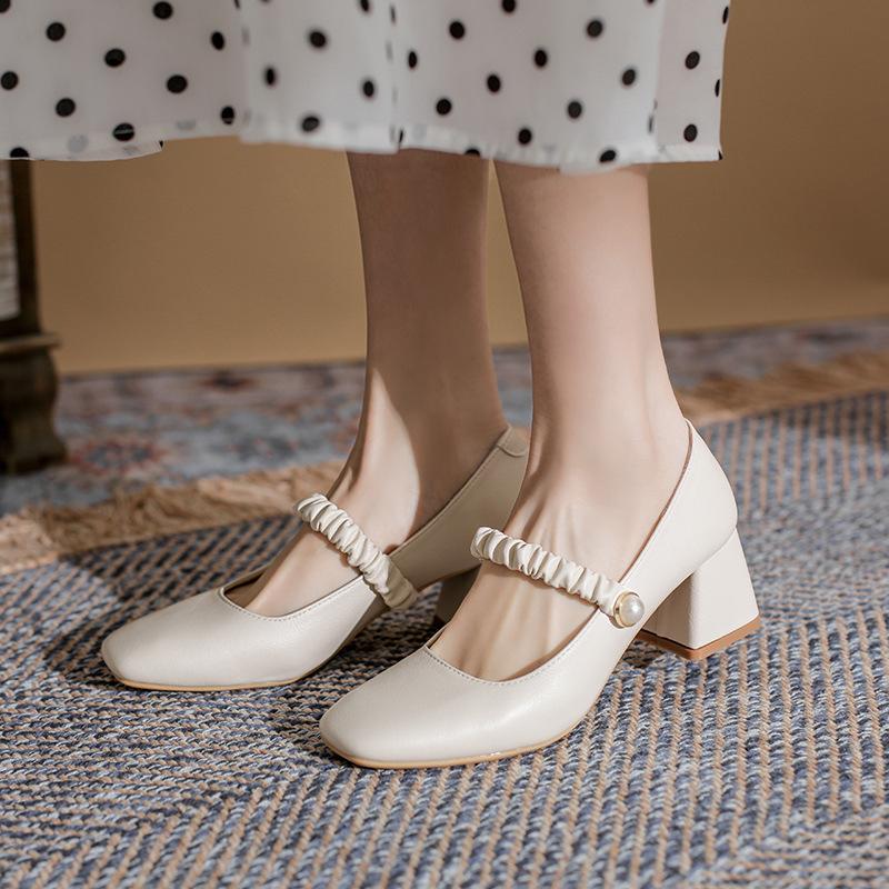 Balerini din piele naturală pentru pantofi de damă Huizhou strugure mamă toc gros același pantofi unici damă primăvară nou tocuri înalte damă