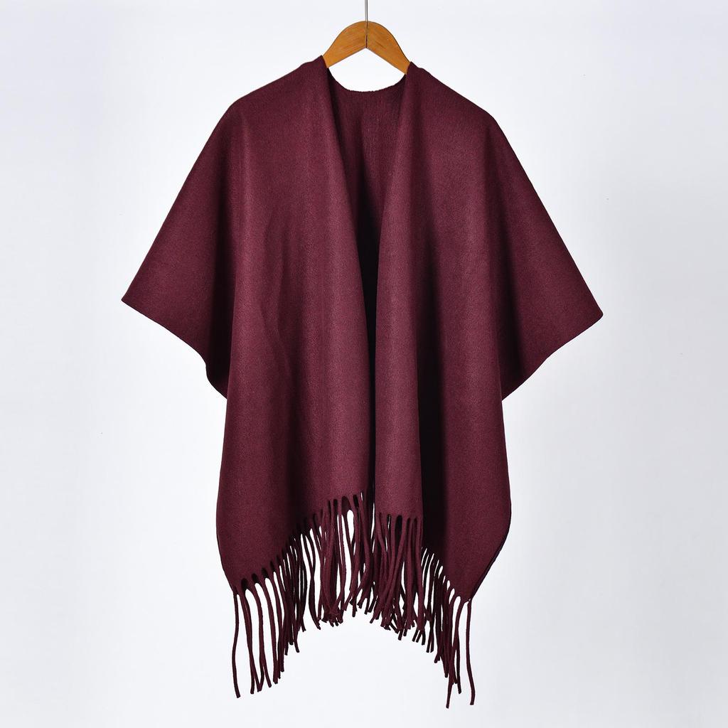 Women's Thick Jacquard Tassel Shawl - Versatile Solid Color Cape for Autumn/Winter