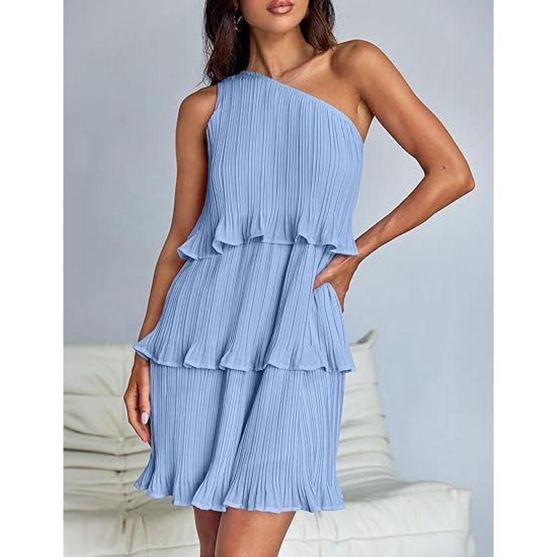 

2025 Shoulder Layered Splicing Bottom Solid Color Dress Sky Blue S