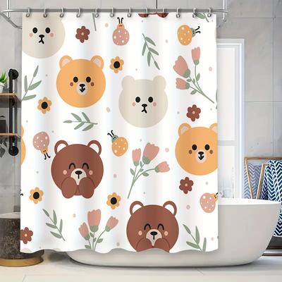 Adorable Cartoon Bear Print Shower Curtain for Bathroom Decoration White Floral Design Shower Panels Set with Hook Rings (180x27