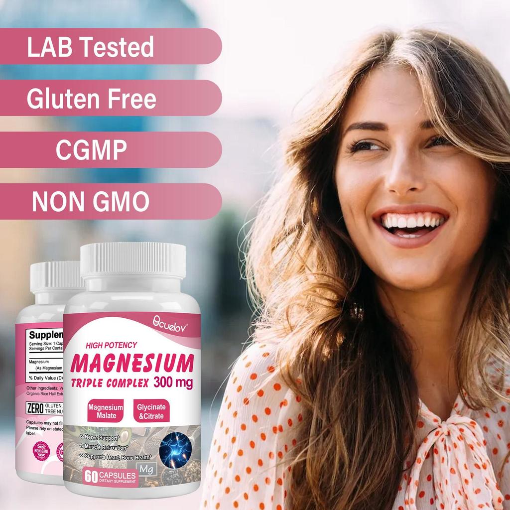Magnesium Complex Supplement 300 mg - 3-in-1 High-Absorption Chelated Magnesium 60 Capsules