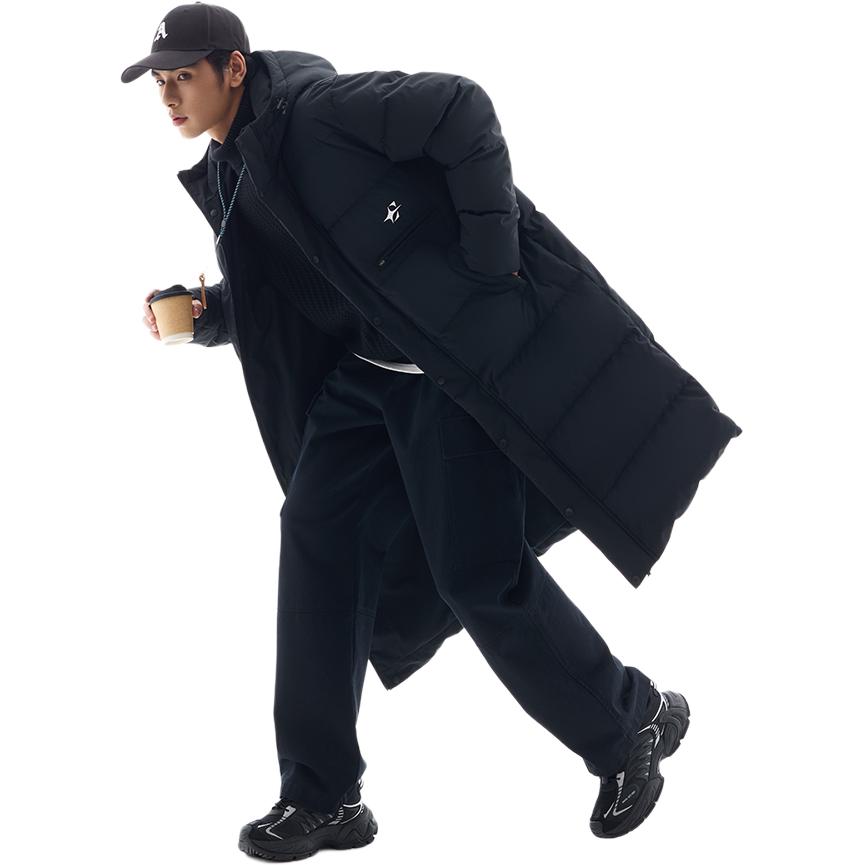 Anta Basketball Series Xianfeng Series Solid Color Zipper Hooded Comfortable Breathable Long Down Jacket Men Outerwear Black 952441903-3