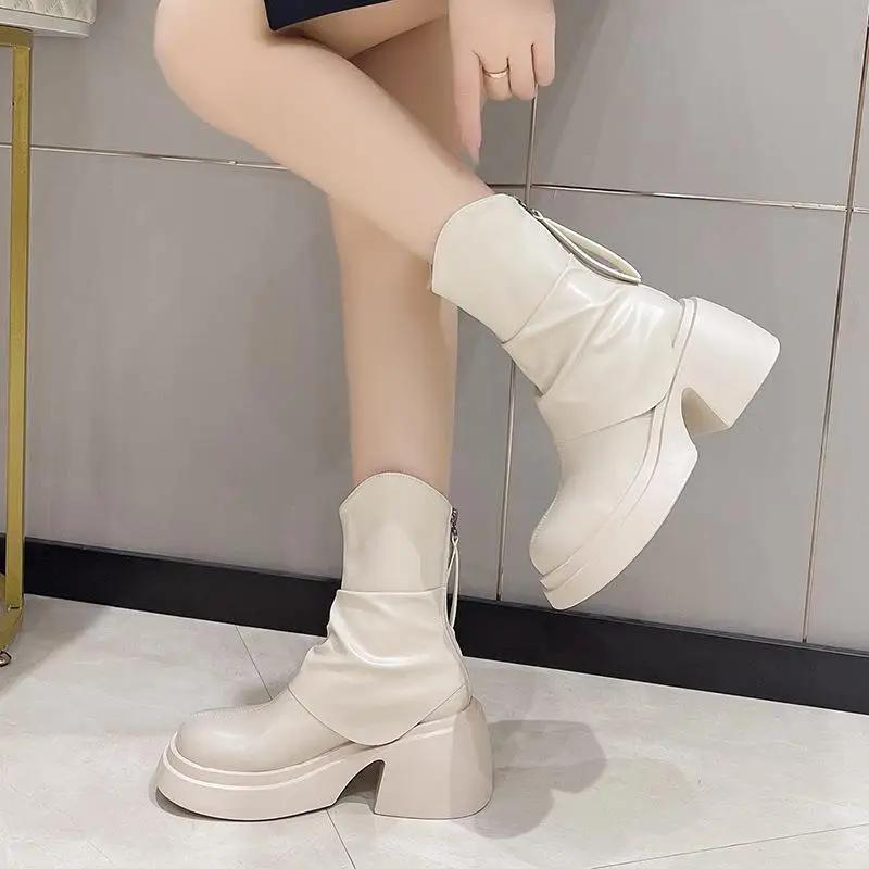 British Round Toe Thick Sole Versatile Retro Boots for Women  New Summer Slimming, Small Stature Taller Short Boots