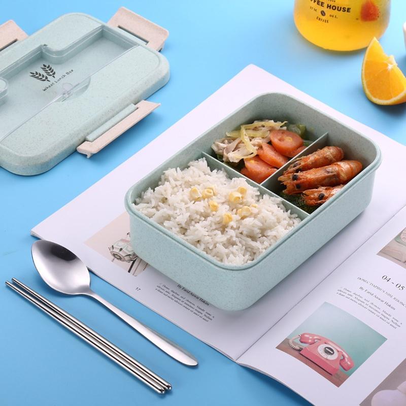 Hot Lunch Box with Spoon Chopsticks Wheat Straw Dinnerware Food Storage Container Children Kid School Office Microwave Bento Box