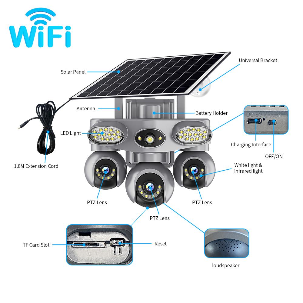 Solar PTZ Camera – 4G/WiFi Outdoor Security with 3-Screen View, Optional LED Light, 2-in-1 Surveillance & Night Lighting