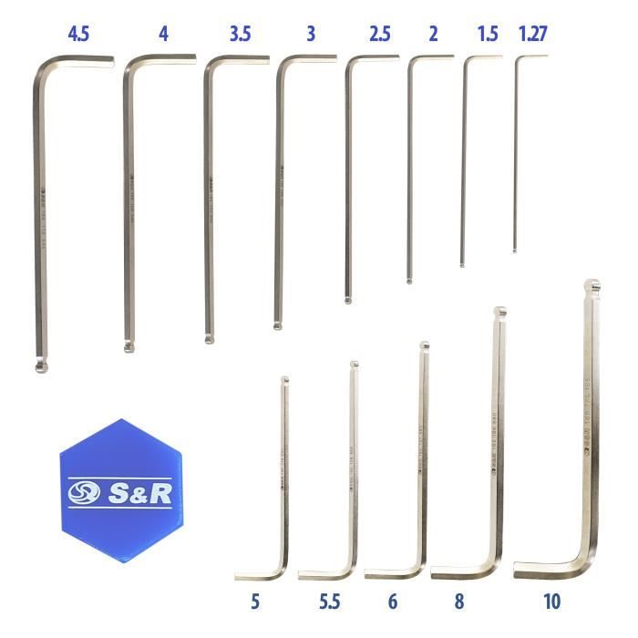 S&amp;R Jeu Clés Allen Longues professionnel. Clés six pans mâle 13 pcs. 1,27 à 10 mm avec Sphère pour vélos, motos, voitures, meubles,