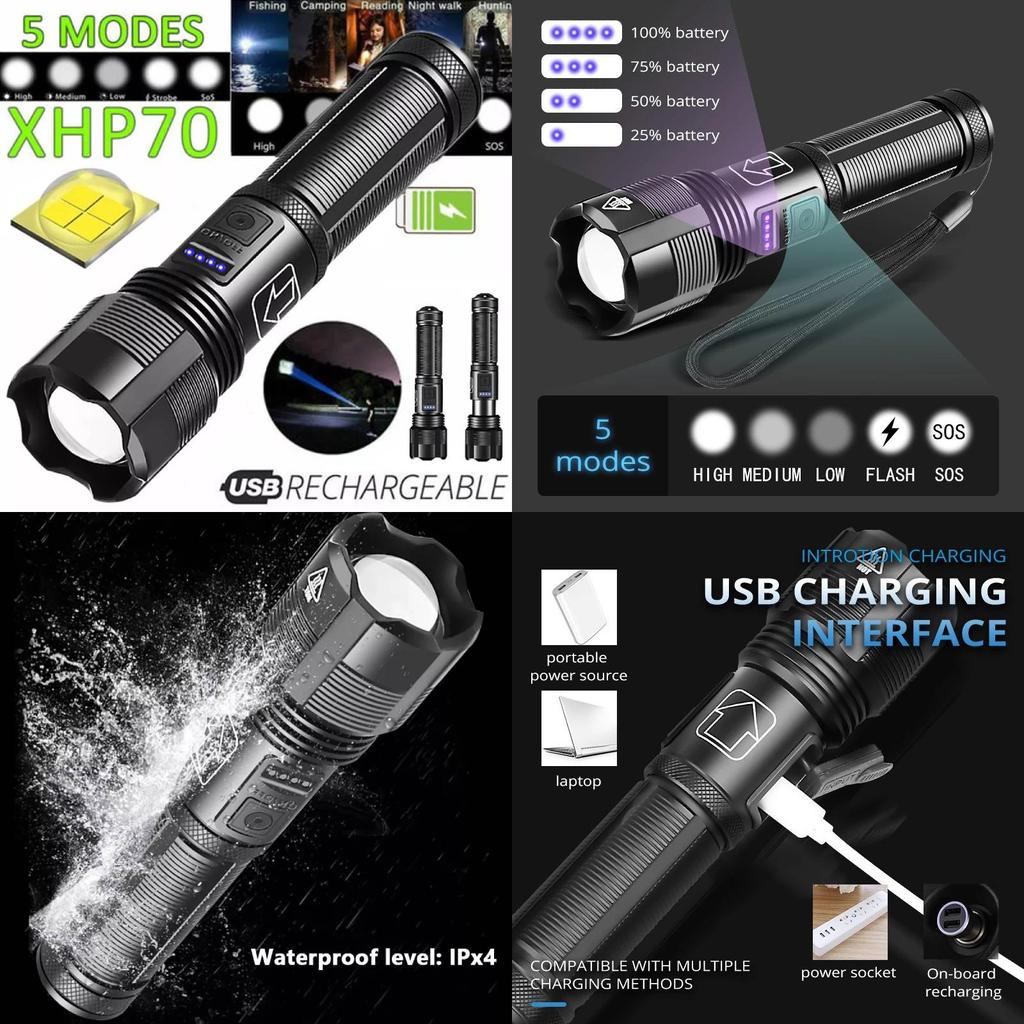 Powerful Xhp50 Led Flashlight With Usb Rechargeable Feature Ideal For Outdoor Camping And Emergency Situations