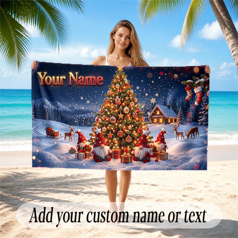 Christmas Theme Quick Dry Beach Towel Custom Name Text Print Large Sand Resistant Towel Beach Vacation