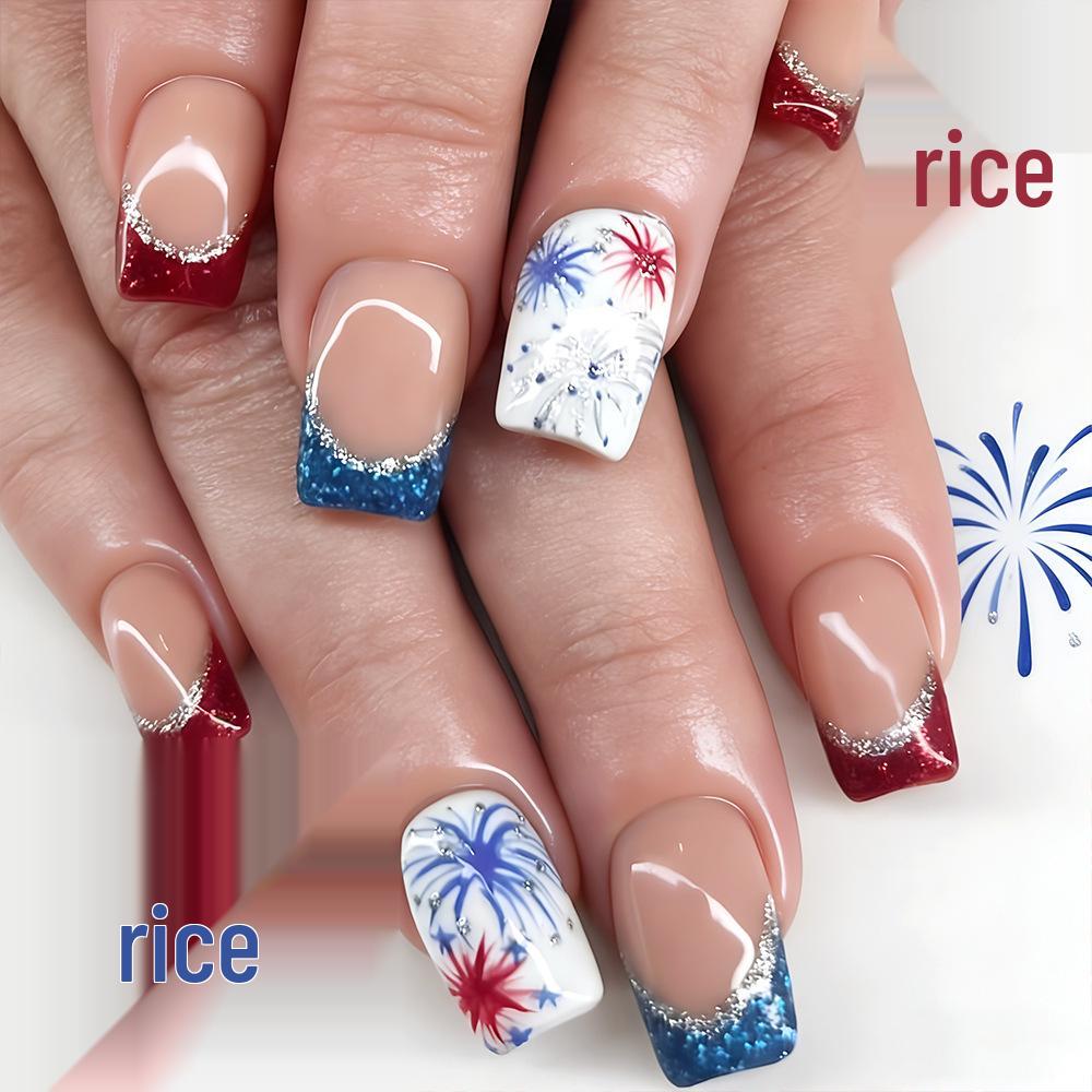 

Independence Day Glitter French Press-on Nails - Red, White & Blue Fireworks Design, 24 Removable Glossy Nail Art Pieces