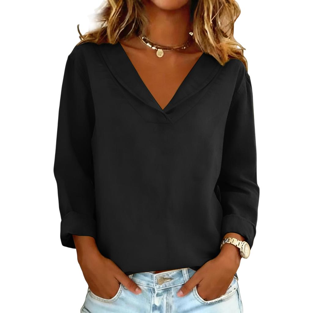 Women's Color Casual Loose V-neck Long Sleeved Split Cotton And Linen Top