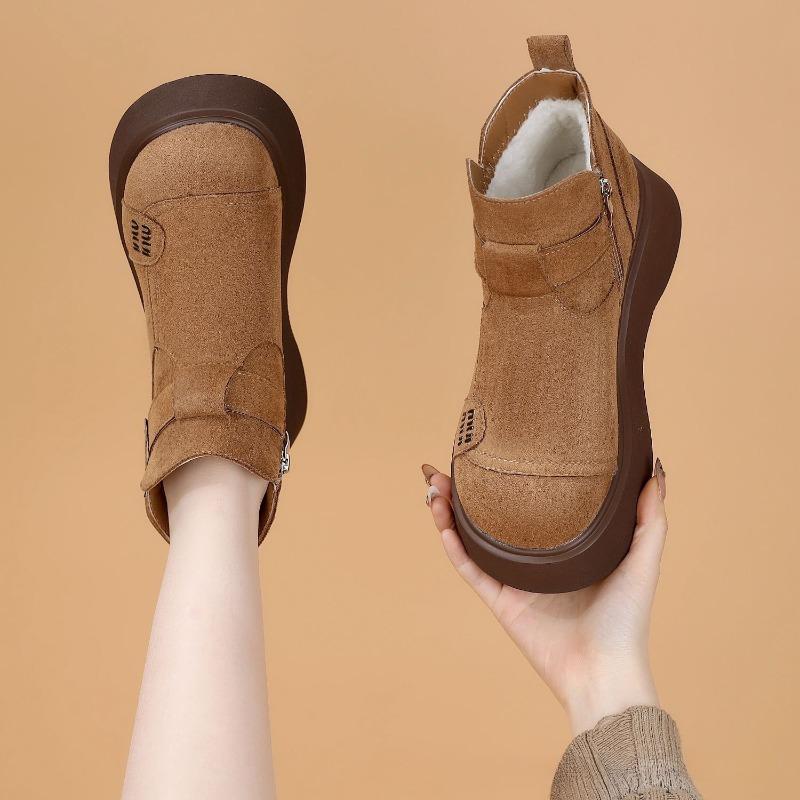 New Thick-soled Ankle Boots for Women, Versatile Height-increasing Fleece Cotton Shoes and Snow Boots