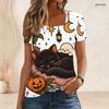 Women Plus Size Short Sleeve U Neck T Shirt Sleeping Black Cat Ghost Moon Star Lantern Pumpkin Halloween Print Top
