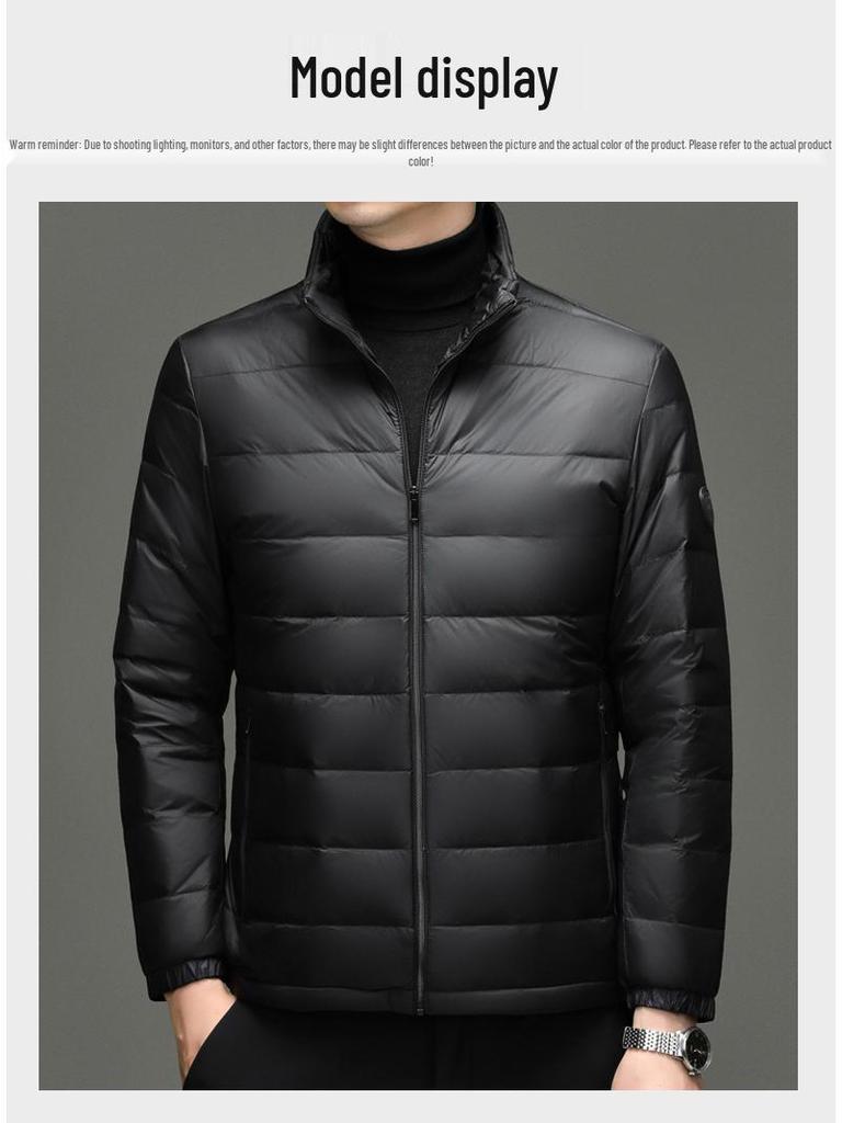 Men's Lightweight Stand Collar Down Jacket - Warm, Trendy, Versatile Dad Style Winter Coat with 90% White Duck Down.