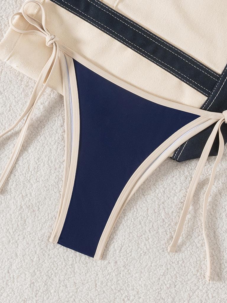 Color Block Triangle Tie Side Sexy Two Piece Bikini Set Elegant For Vacation