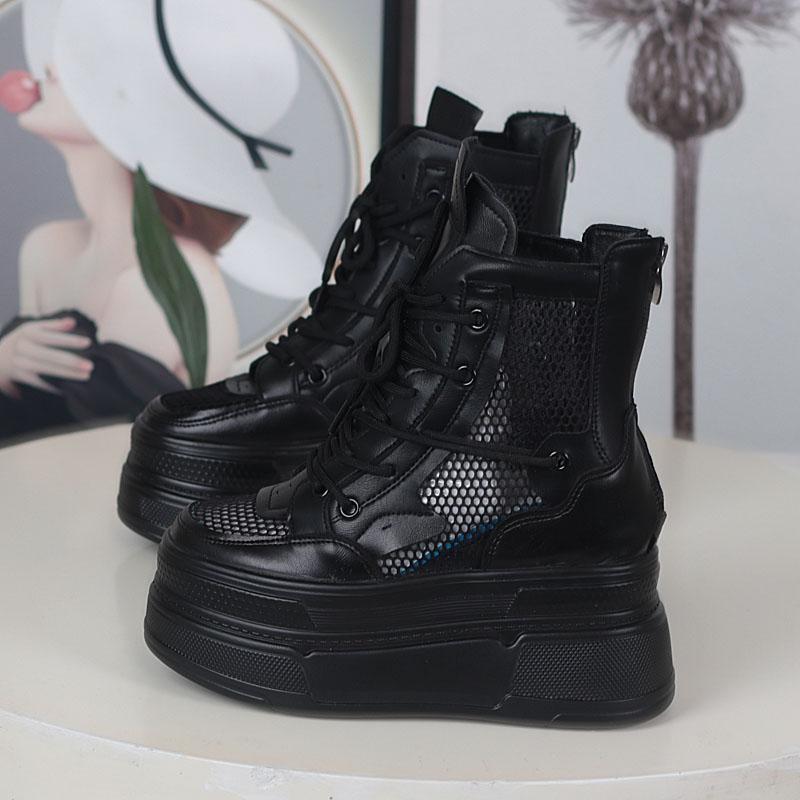 Fashion 12CM Air Mesh Microfiber Synthetic Chunky Sneakers Spring Shoes Leather Ankle Booties Women Vulcanize Boots Autumn